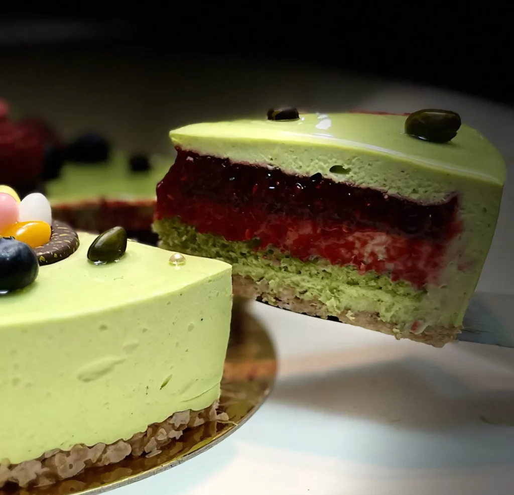 Une part de gateau entremet création parfum Pistache/Framboise - pâtisseries artisanales à Troyes