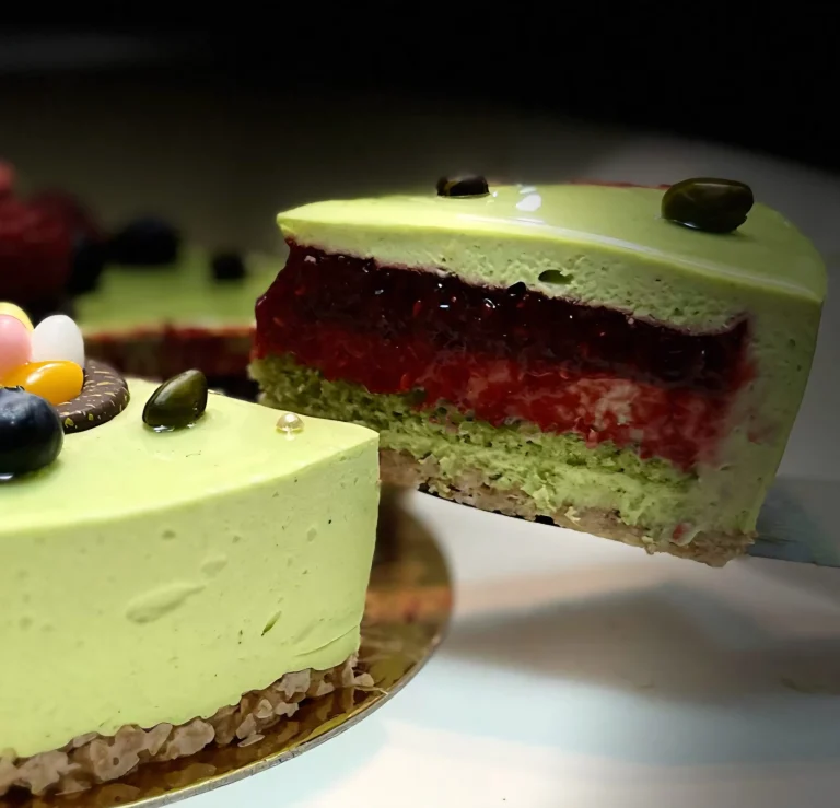 Une part de gateau entremet création parfum Pistache/Framboise - pâtisseries artisanales à Troyes