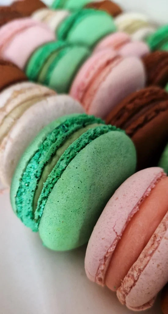Un assortiment de biscuits macaron parfums rose pistache chocolat vanille - pâtisseries artisanales à Troyes